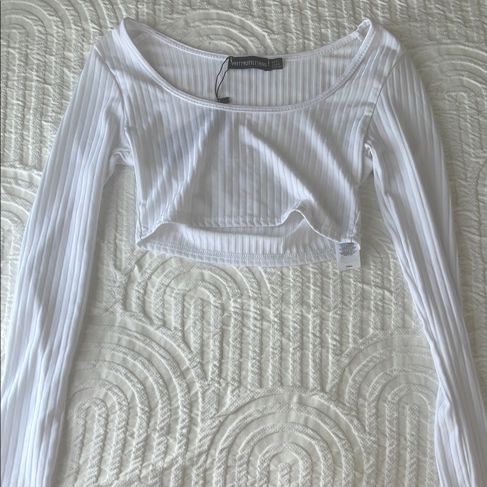 White Ribbed Long Sleeve Crop Top